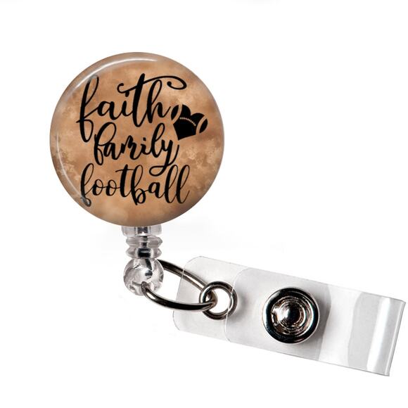 Handmade Accessories - Faith Family Football Badge Reel Sports Fan Retractable ID Holder